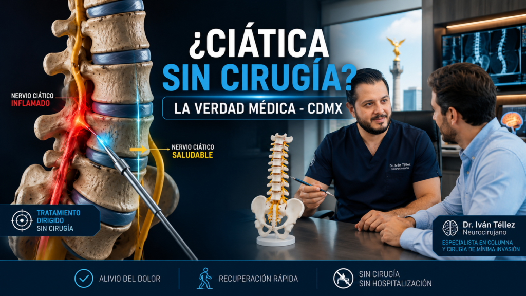 Infografía médica explicativa sobre cómo se puede aliviar y tratar la compresión del nervio ciático mediante procedimientos de mínima invasión en la CDMX